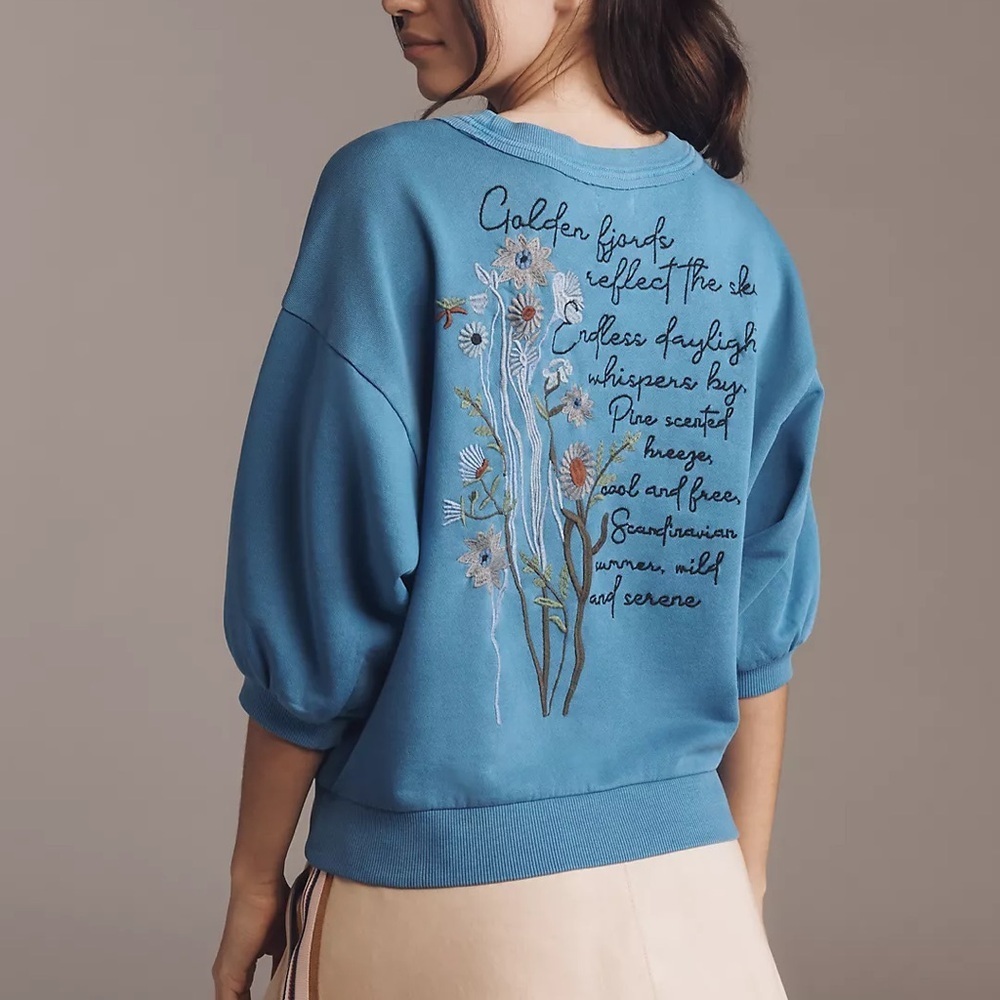NWT Size M - Anthropologie 100% Cotton Embroidered Blue Sweatshirt